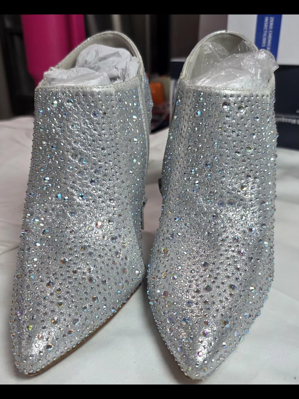 Women's Silver Crystal Embellished Pointed Ankle Booties 7.5